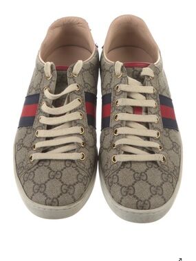 Sylvie Gucci Beige GG Canvas Sneakers with Blue and Red Web Stripe 7.5